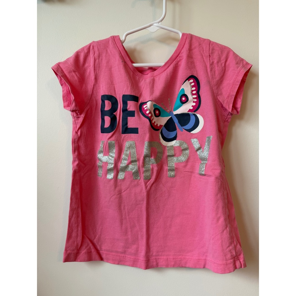 Carters Girls Pink Be Happy Butterfly Glitter Graphic T-Shirt Size 7
